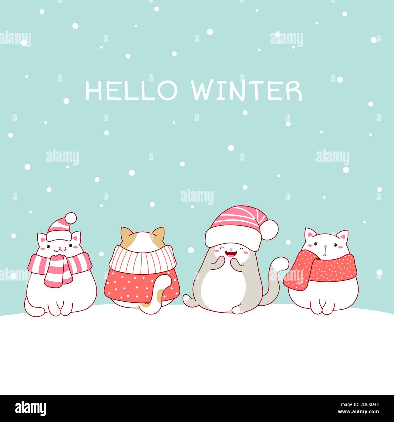 Bonjour hiver. Carte de vœux de Noël avec quatre jolis chats gras dans des foulards et des chapeaux. Quatre chats adorables dans le style kawaii sur la neige. Vecteur EPS8 Illustration de Vecteur