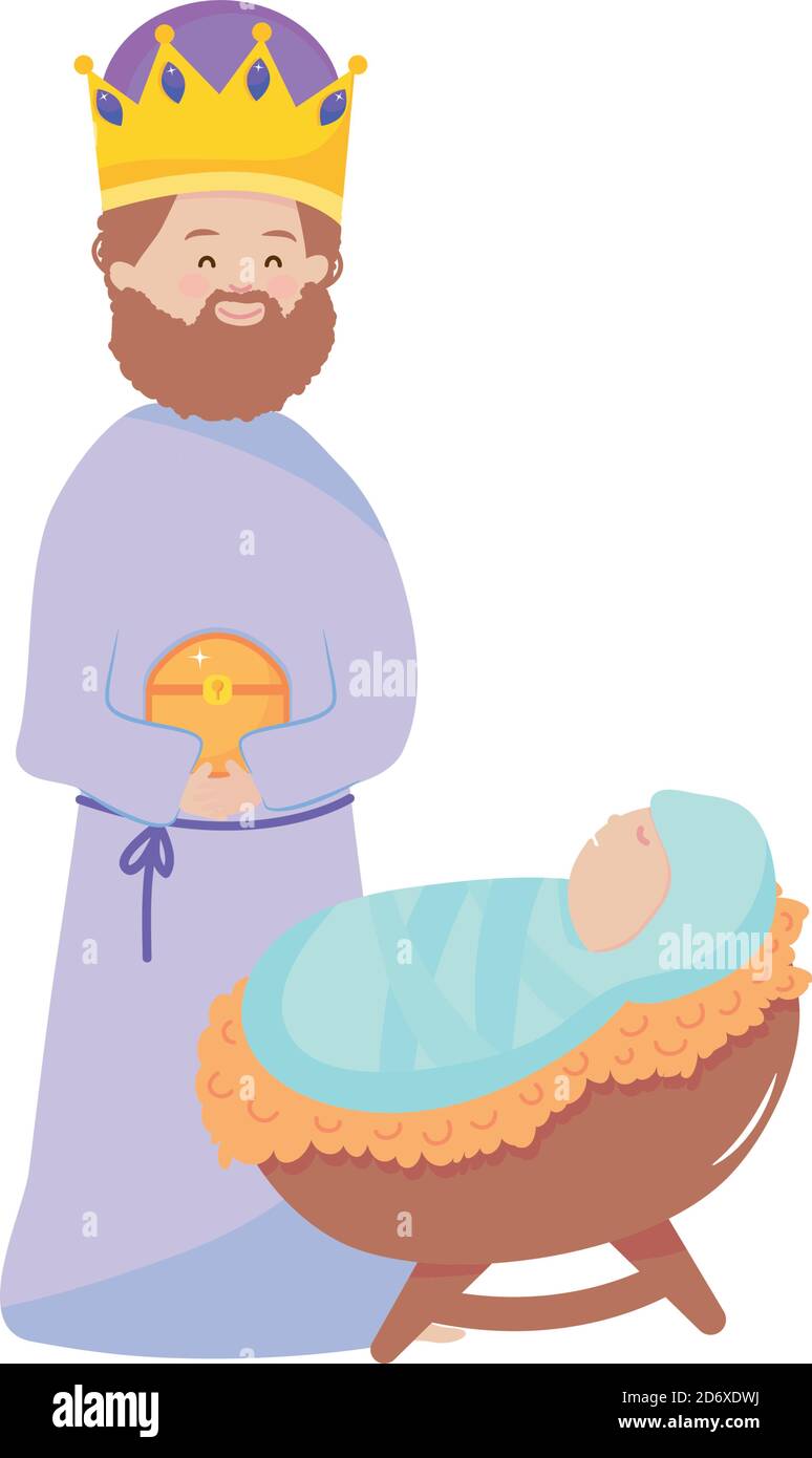 Dessin animé bébé jésus et Melchior magi sage icône sur fond blanc, style plat, illustration vectorielle Illustration de Vecteur