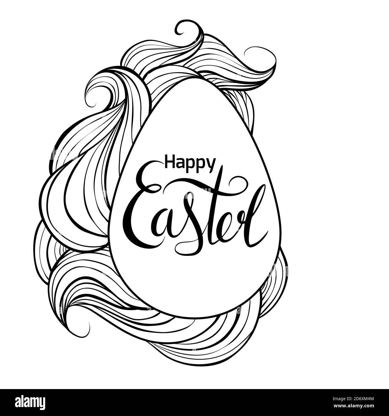 Carte de vœux noire blanche avec boucles en forme d'oeuf et de cheveux ondulés et lettres manuscrites Joyeuses Pâques. Carte vectorielle pour les messages d'accueil, invitations, bannières et FO Illustration de Vecteur
