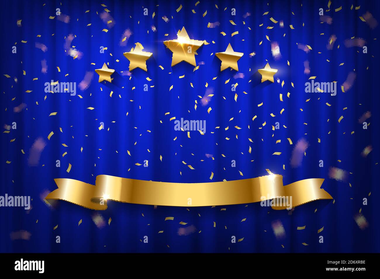 Rideau bleu avec confettis dorés, étoiles et ruban. Ouverture du spectacle, événement de célébration, annonce, illustration vectorielle de performance de fête. Brillant Illustration de Vecteur
