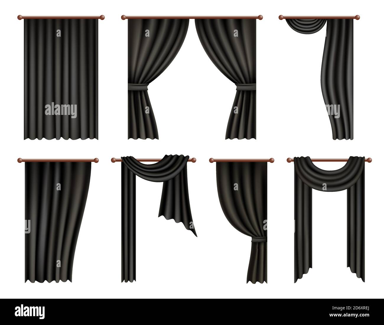 Ensemble de maquette de rideau et de drapé noir, illustration à isolation  vectorielle. Rideaux de suspension réalistes Image Vectorielle Stock - Alamy
