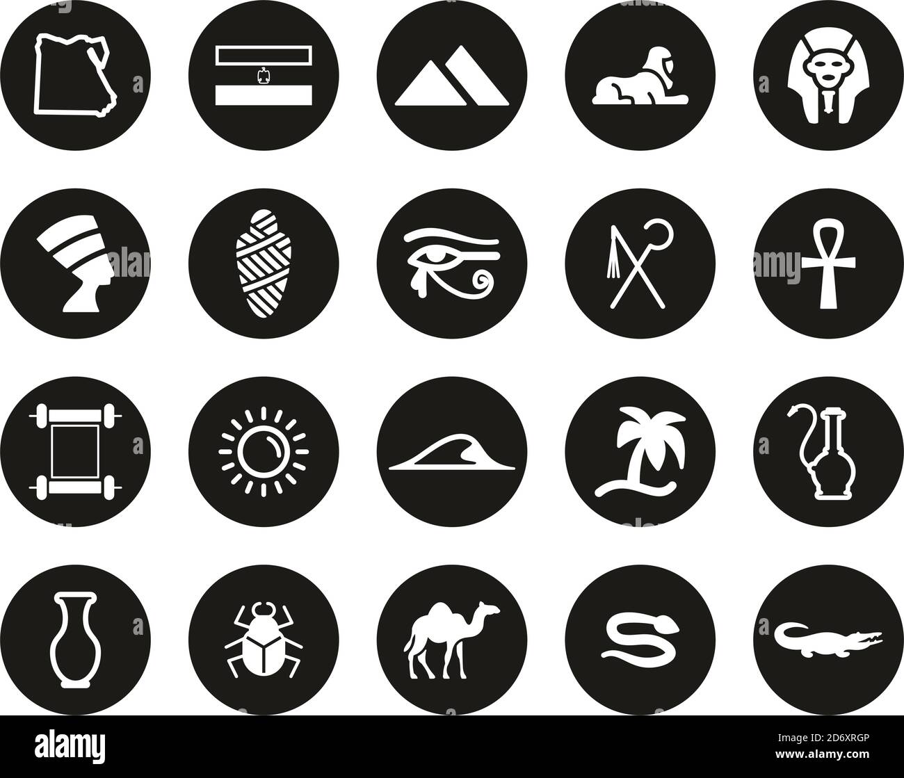 Egypt Country & Culture Icons White on Black Flat Design Ensemble de cercles grand Illustration de Vecteur