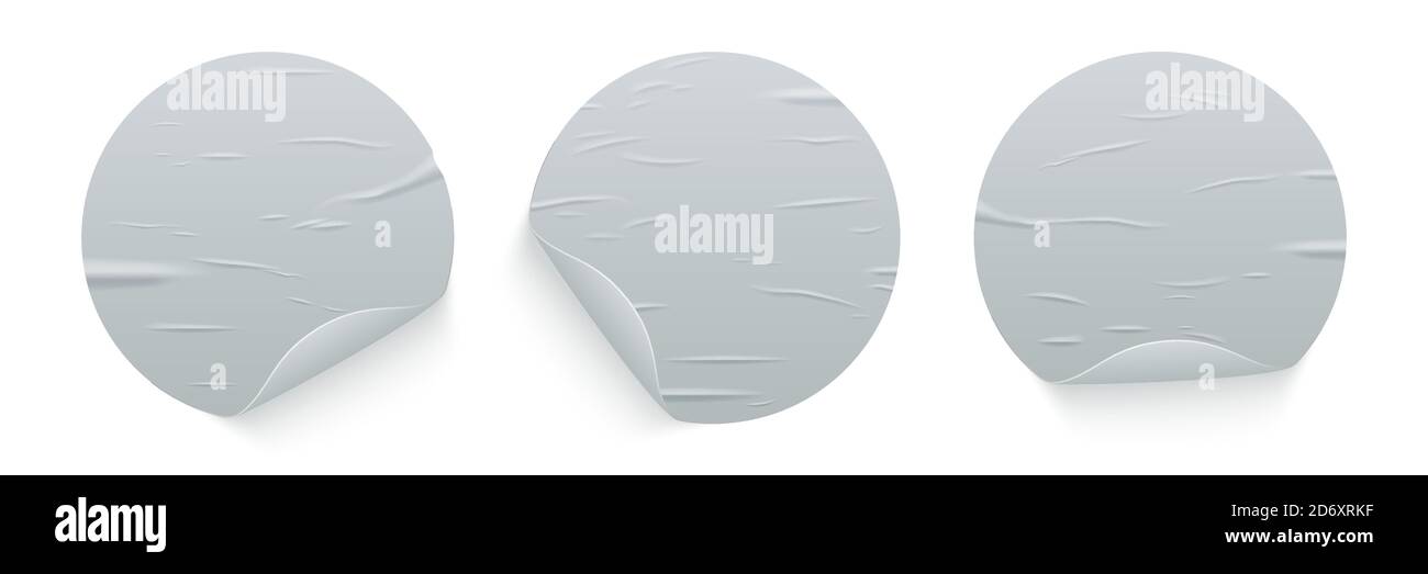 Autocollants ronds collés avec bords recourbés isolés sur fond blanc. Ensemble d'affiches à déformation vectorielle réaliste. Modèles de plis graissés humides Illustration de Vecteur