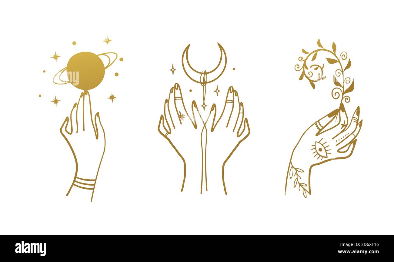 Dessins de ligne mystique pour la conception de boho, tatouage, logo, feuille d'or. Mains avec une planète, un croissant, une plante. Esquisse vectorielle isolée sur fond blanc Illustration de Vecteur