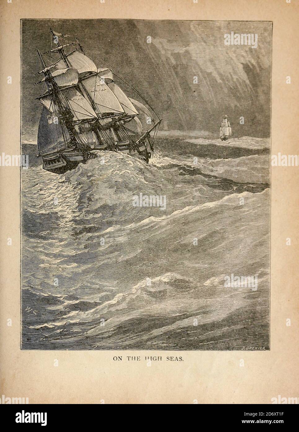 Grand navire sur la haute mer du navire marchand : voyages d'un marin pour voir le monde [autour du monde] par Nordhoff, Charles, 1830-1901 gravé par C. Laplante; quelques illustrations de W.L. Wyllie Publisher New York : Dodd, Mead & Co. 1884 Banque D'Images