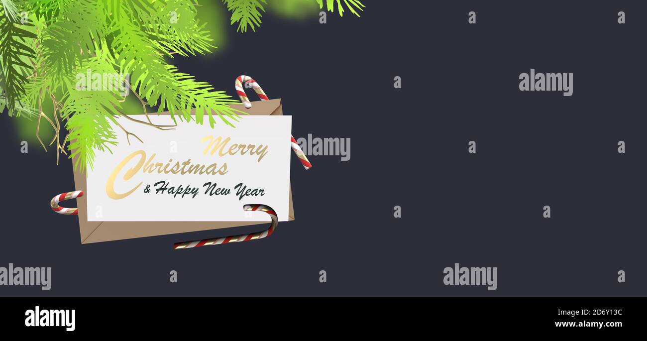 Bannière Noël nouvel an. Enveloppe, Cannes de Noël, branches de sapin, texte Joyeux Noël sur fond noir. Maquette, placer pour le texte. Illustration 3D Banque D'Images
