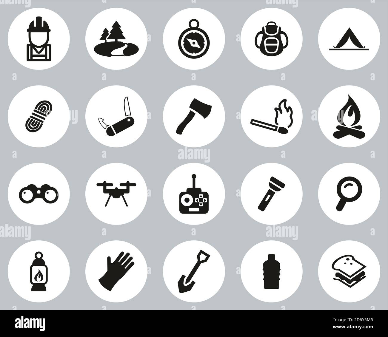Expedition & Exploring Icons Black & White Flat Design Circle Définir grand Illustration de Vecteur