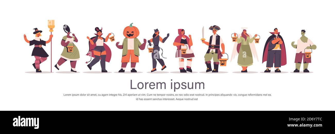 mettez les gens de course de mélange dans différents costumes debout ensemble heureux halloween party celebration concept plat pleine longueur horizontal copy space illustration vectorielle Illustration de Vecteur