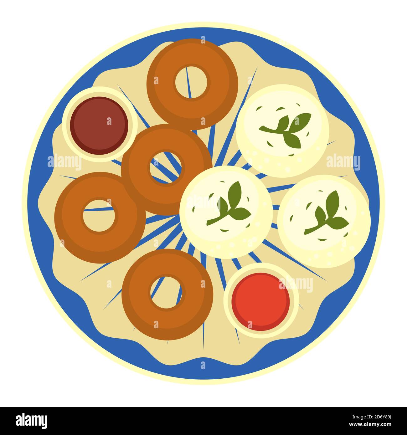 Rondelles d'oignon et fromage frits avec sauce sur l'assiette Illustration de Vecteur