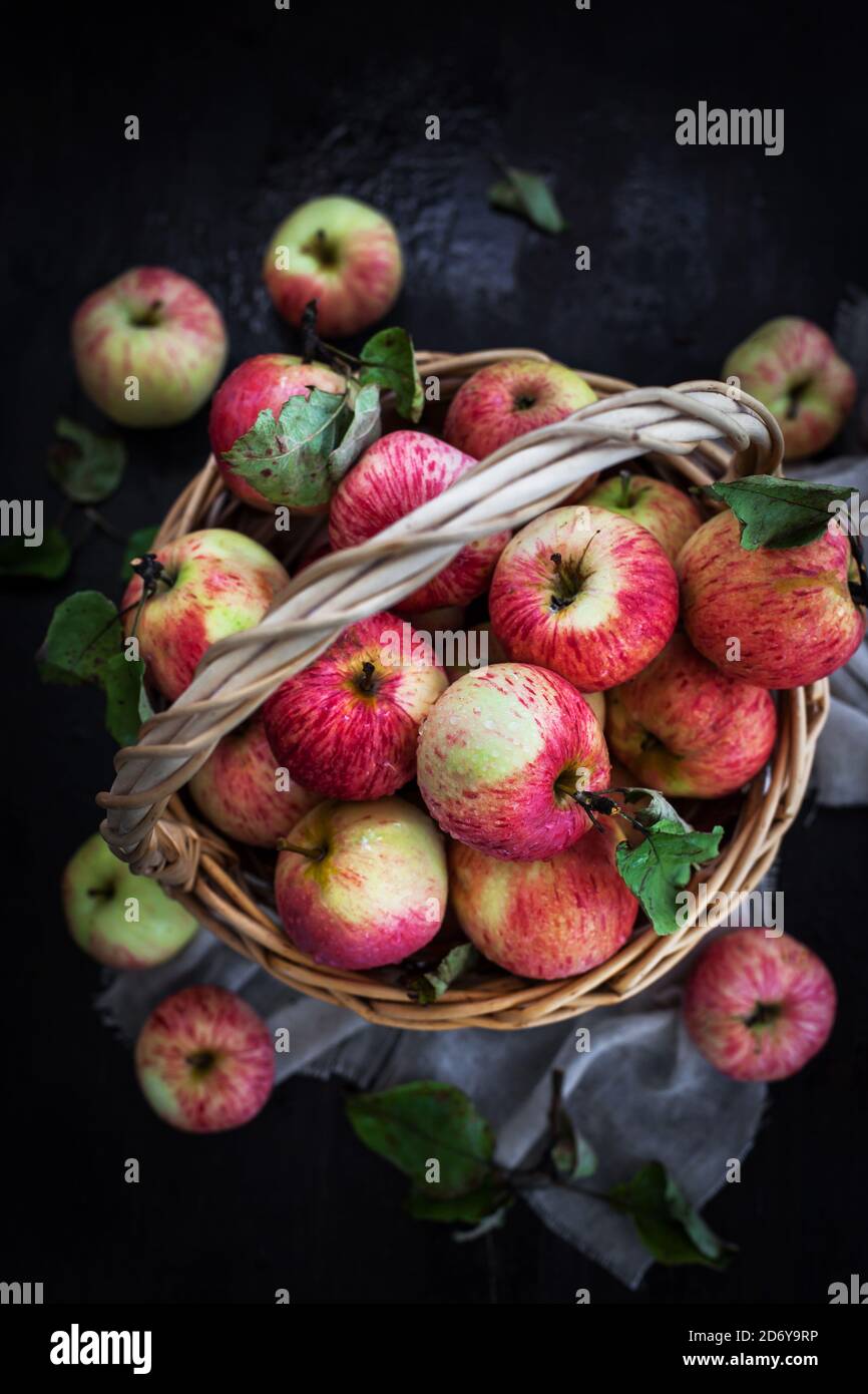 Pommes fraîches mûres rouges d'automne dans un panier sur fond rustique Banque D'Images