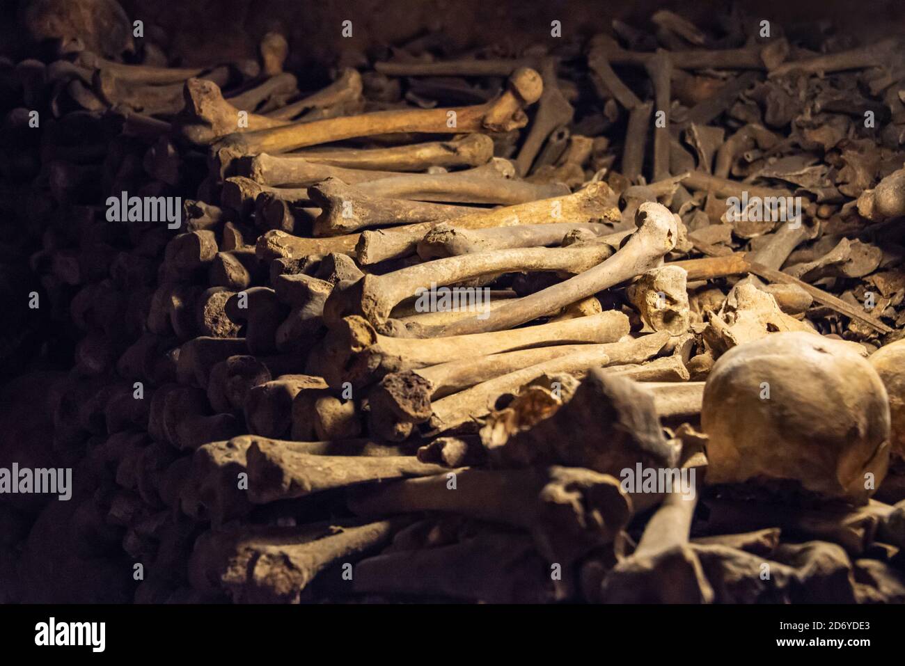 Pile de crânes et d'os dans les catacombes de Paris, France Banque D'Images