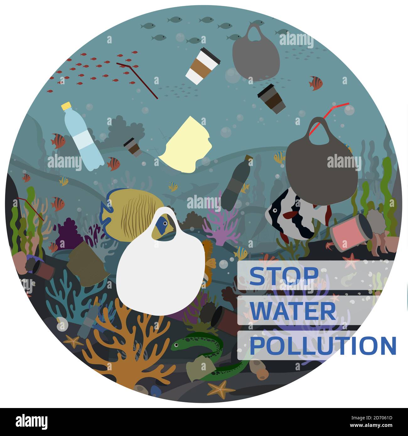 Illustration vectorielle plate pour protéger l'eau et l'environnement de la pollution. Une image du monde sous-marin avec des coraux, des poissons, des anguilles de Moray, des algues, pollués avec des déchets, du plastique et des déchets. Affiche pour un appel à recycler les déchets et à nettoyer les océans du monde. Illustration de Vecteur