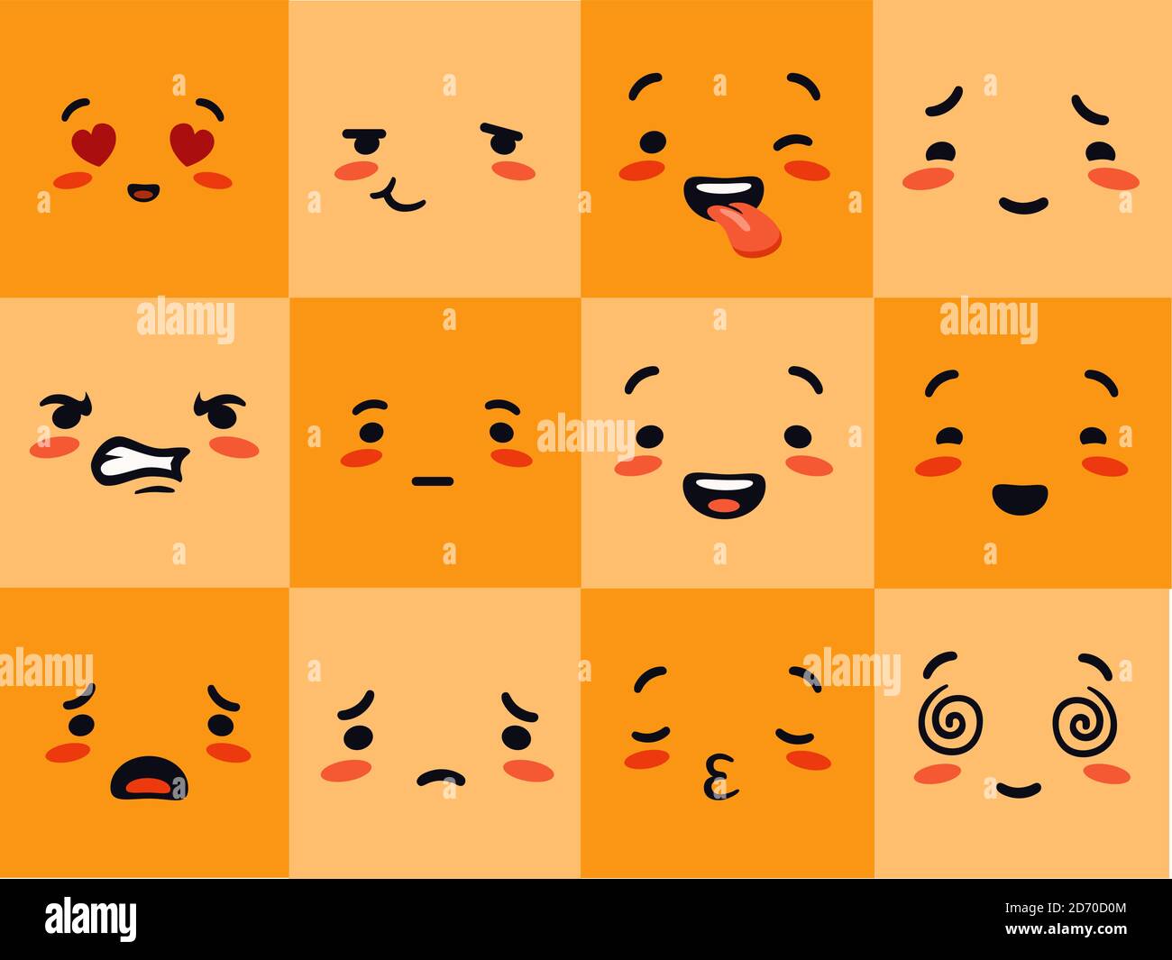 Face carrée d'Emogi. Les personnages émotionnels éprouvent des cœurs joyeux jaunes avec des yeux d'amour étonnés sobing. Illustration de Vecteur