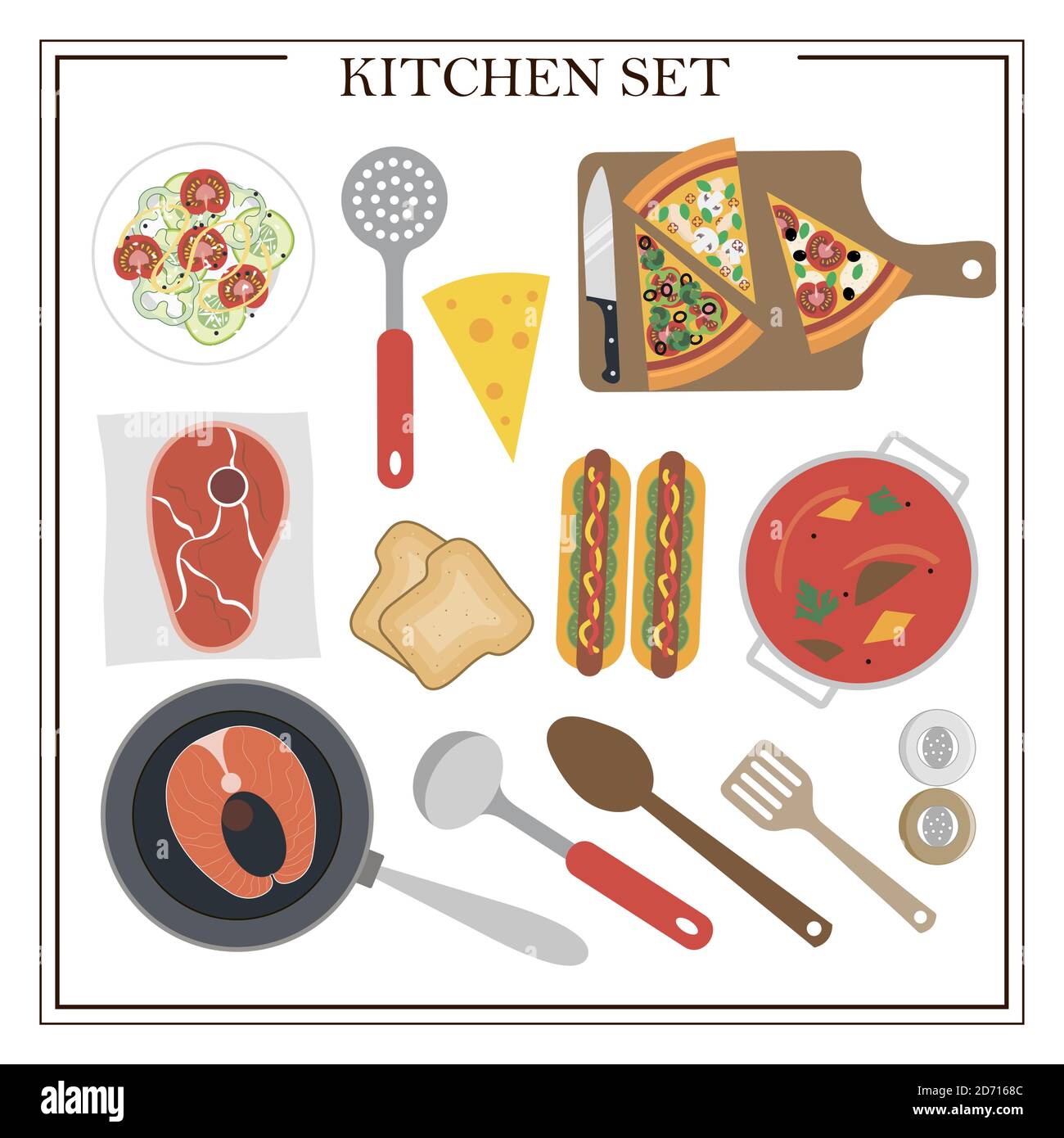 Ensemble de plats et de plats de cuisine pour le dîner. Illustration vectorielle d'une table à manger avec soupe, hot dogs, salade, pizza, poisson, viande, jus et appareils électroménagers. Design plat pour un restaurant, un menu, une salle à manger intérieure ou un site de cuisine. Table en bois avec nappe, fleurs et service. Illustration de Vecteur