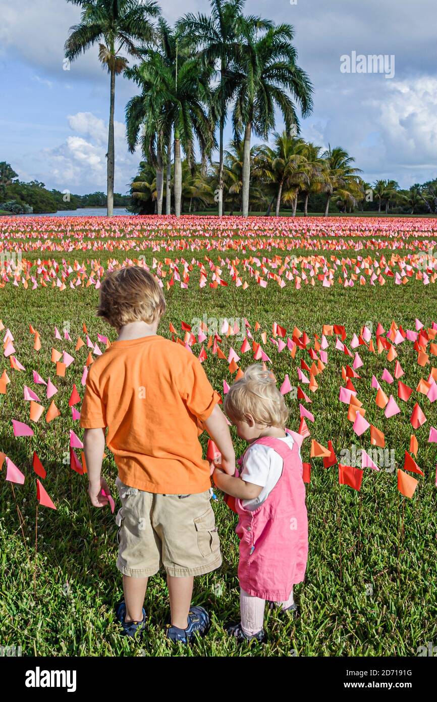 Miami Florida,Coral Gables Fairchild Tropical Garden,Flower Square art installation Patricia Van Dalen Venezuela,drapeaux de marqueur de vinyle représentent brushstr Banque D'Images