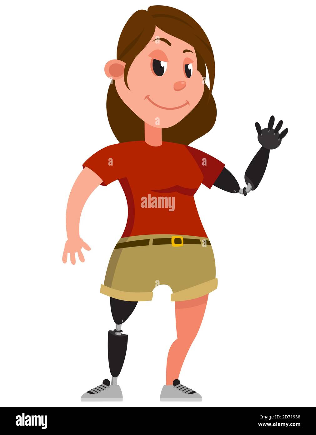 Femme avec une prothèse de bras et de jambe. Personnage féminin de style dessin animé. Illustration de Vecteur