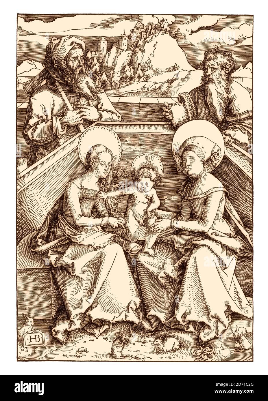 La Sainte famille avec Saint Anna et Saint Joachim par Hans Baldung Grien, télécopie du XIXe siècle Banque D'Images