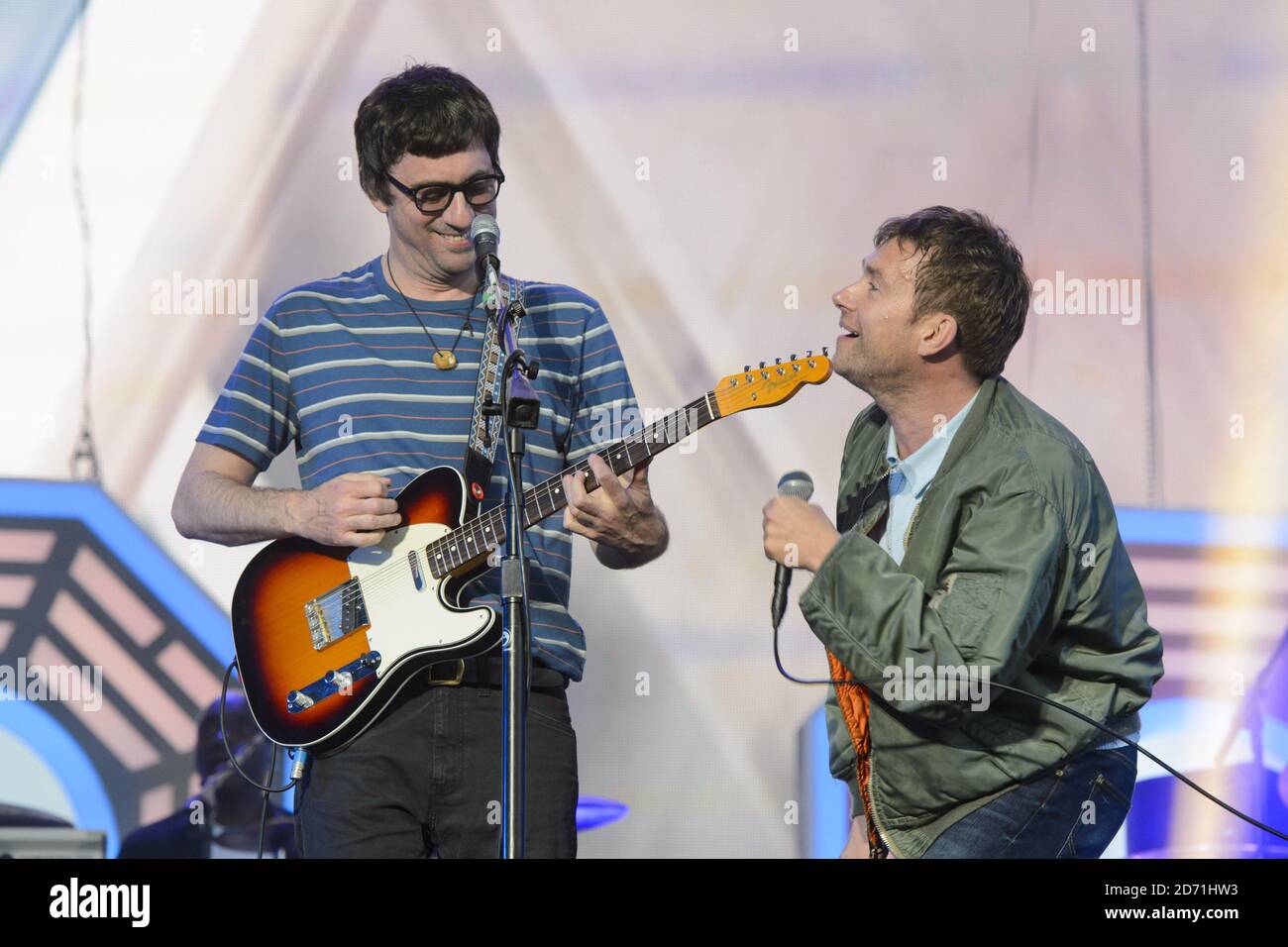 Damon Albarn et Graham Coxon of Blur se présentant au British Summertime Festival à Hyde Park, Londres. Banque D'Images