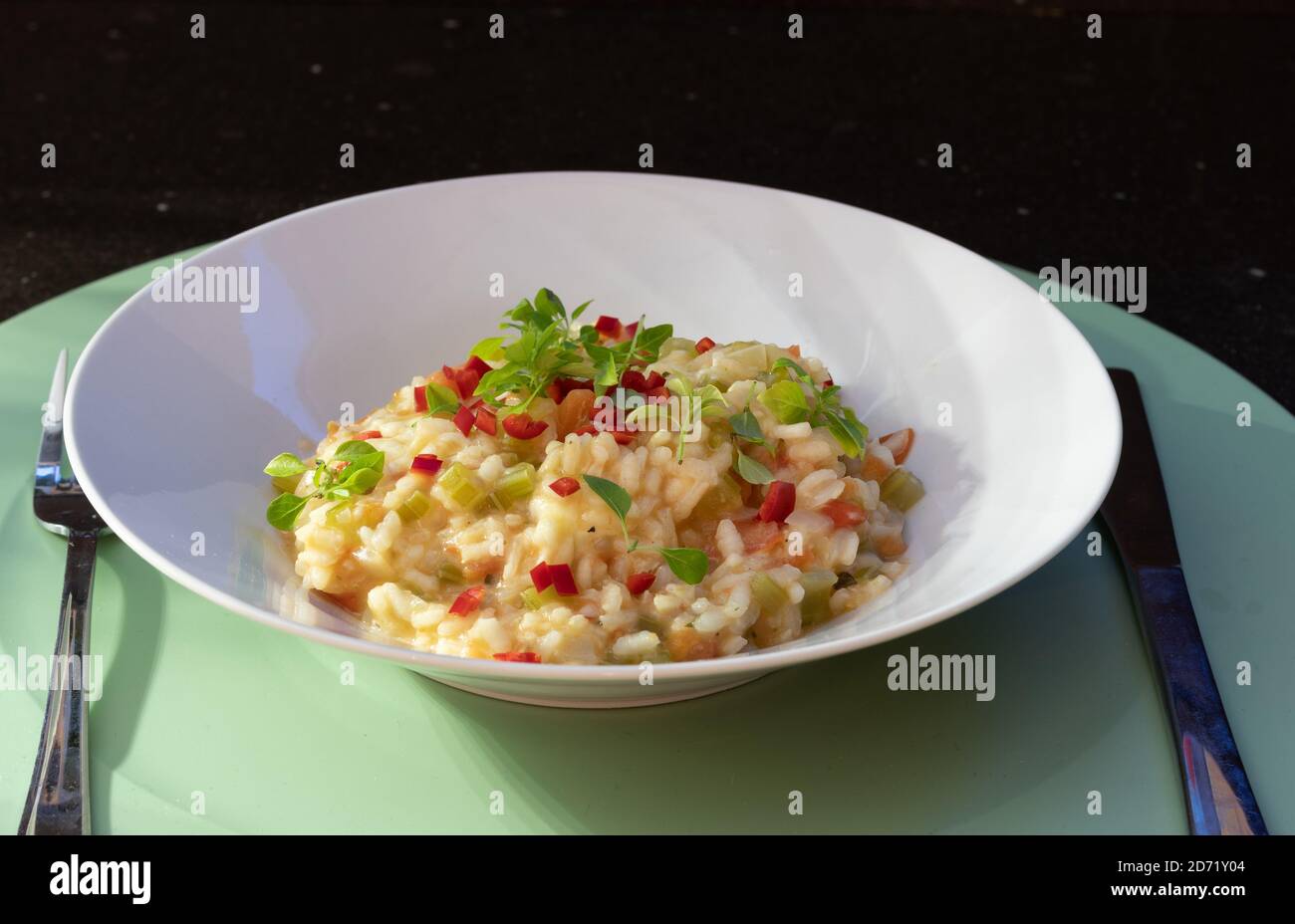 Risotto aux tomates avec mozzarella de buffle et feuilles de basilic nain une plaque blanche Banque D'Images