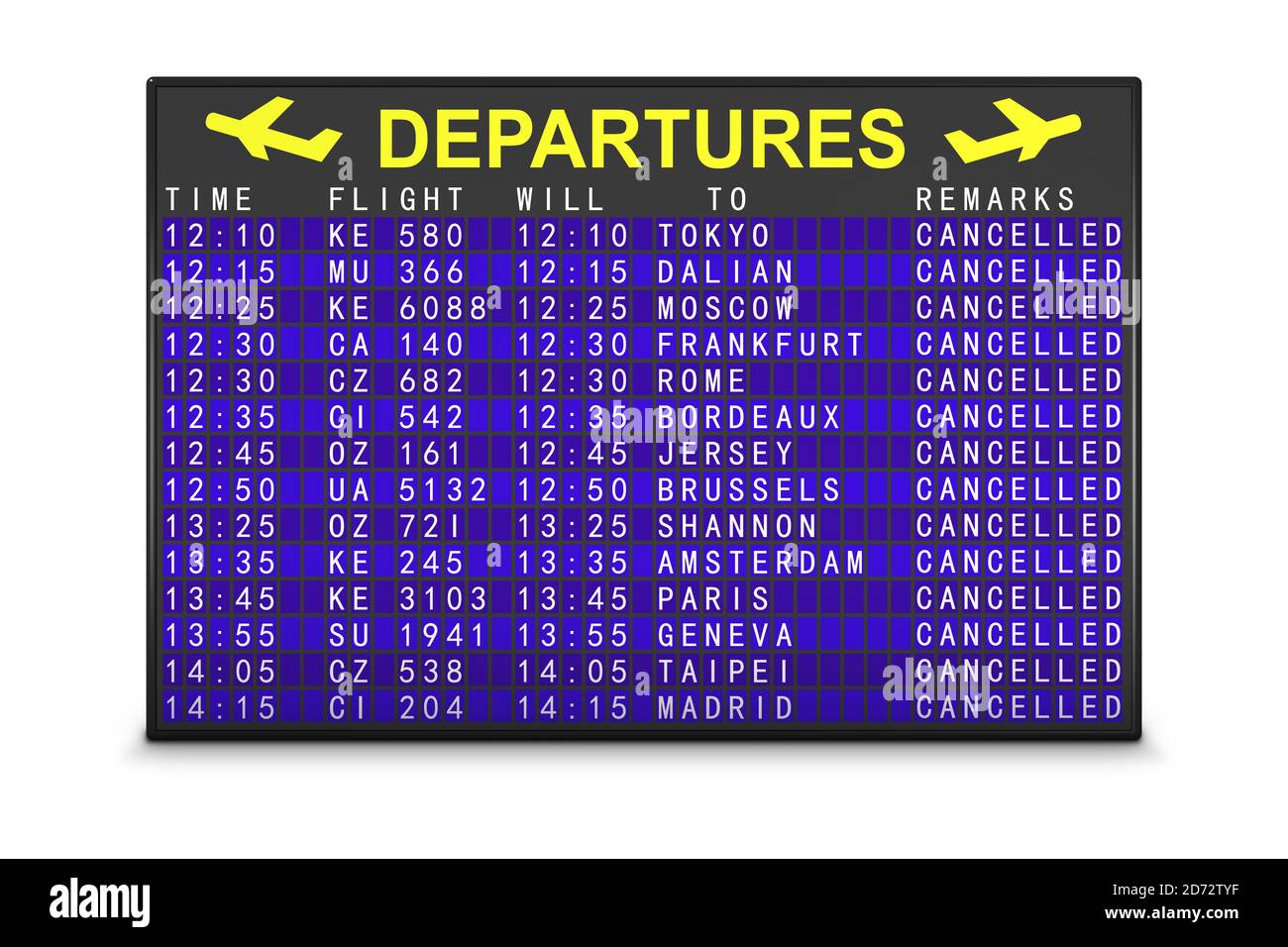 embarquement à l'aéroport avec vols annulés. rendu 3d. Banque D'Images