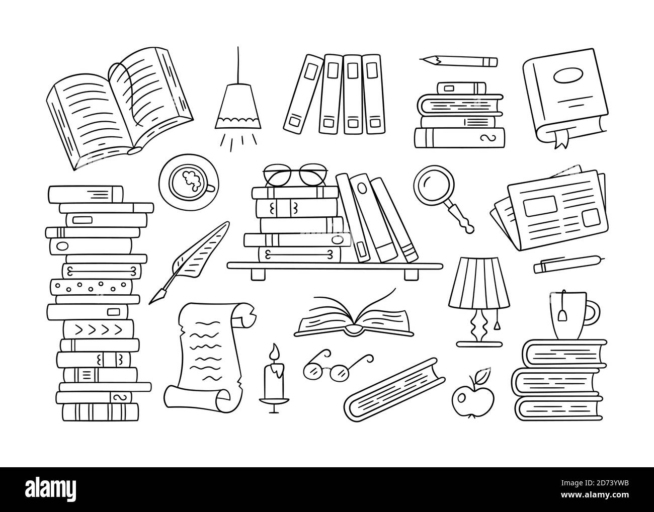 Piles de livres en papier, bibliothèque à la maison, étagère en style Doodle. Ensemble d'objets à lire dessiné à la main Illustration de Vecteur