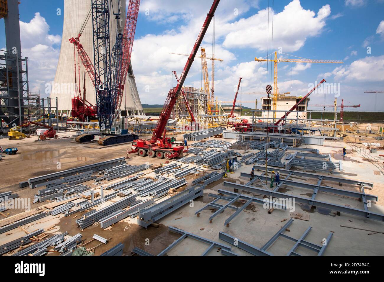 Site de construction de la nouvelle centrale au lignite Neurath près de Grevenbroich, Boa 2/3, assemblage de poutres en acier, Rhénanie-du-Nord-Westphalie, Allemagne. Banque D'Images