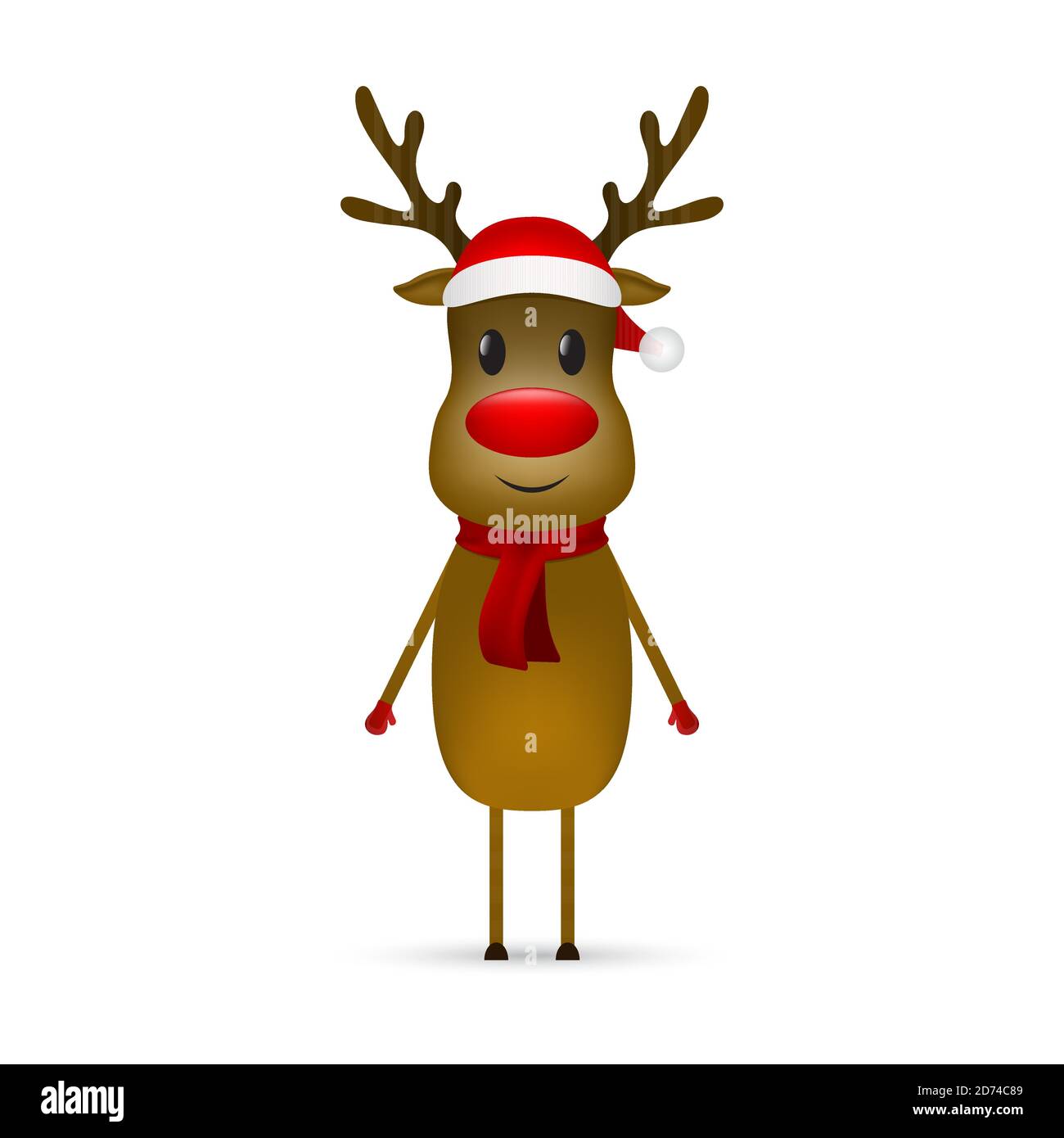 Le renne de Noël avec une écharpe et un chapeau de père noël se tient sur un fond blanc. Illustration vectorielle pour un motif festif Illustration de Vecteur