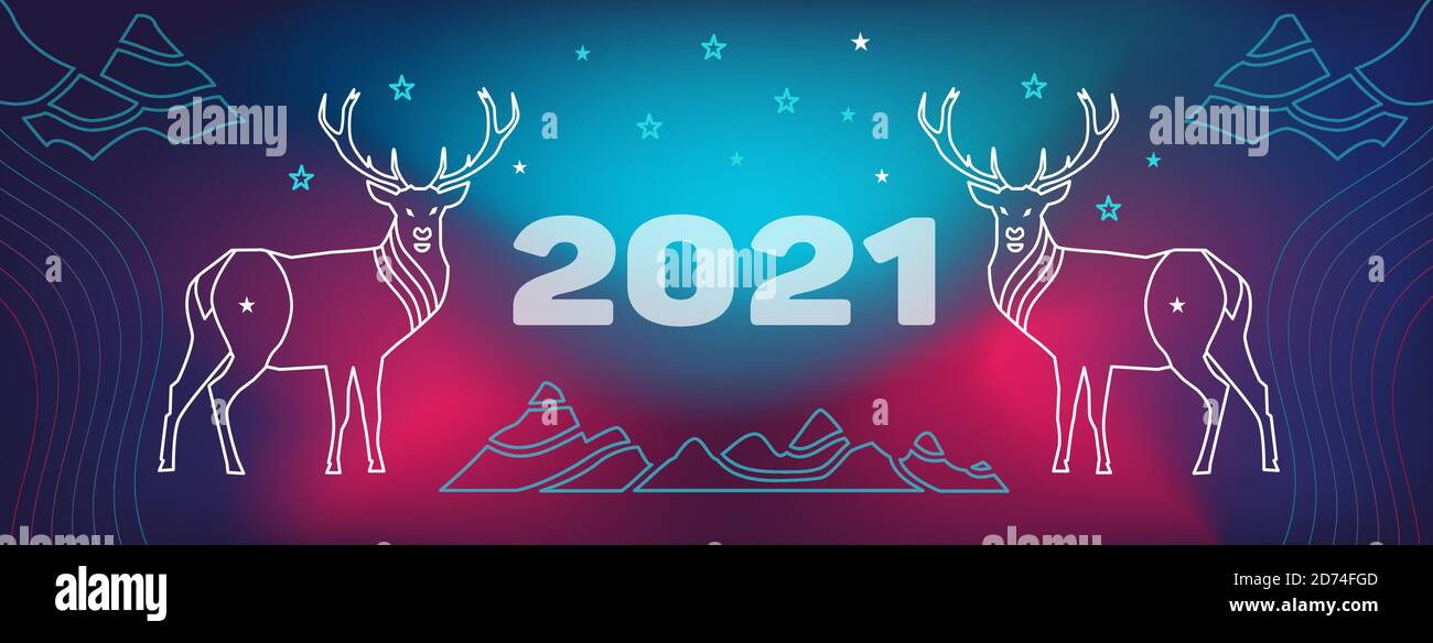 2021 bonne année et Joyeux Noël facebook couverture du site avec Deer, montagnes. Ondulé, fond géométrique, dégradé moderne, forme incurvée Illustration de Vecteur