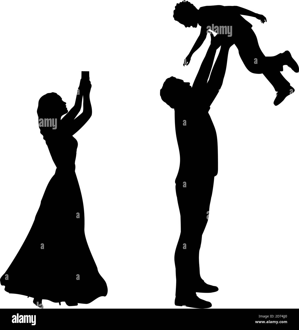 Silhouettes mère prend des photos au téléphone et le père jette son fils haut Illustration de Vecteur