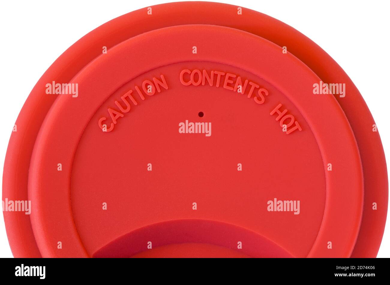 Attention contenu chaud - détail sur le couvercle de céramique réutilisable gobelet à boissons Banque D'Images