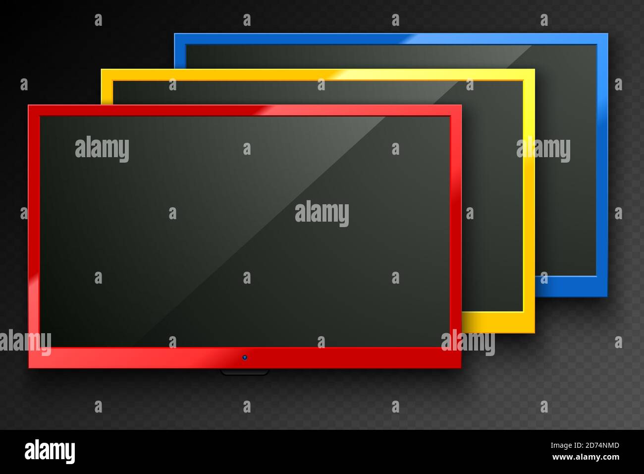 Fond d'écran LED Vector TV isolé. Ecran lcd moderne élégant rouge, jaune et bleu. Configuration de la maquette d'affichage du moniteur d'ordinateur. Télévision vierge grap Illustration de Vecteur