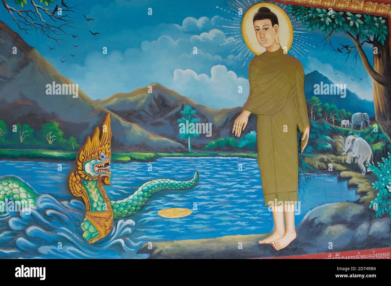 Siem Reap, Cambodge - 2 janvier 2019 : œuvre d'art peinture à propos de l'histoire de Bouddha sur le temple Wat Preah Prom Rath à Siem Reap, Cambodge Banque D'Images