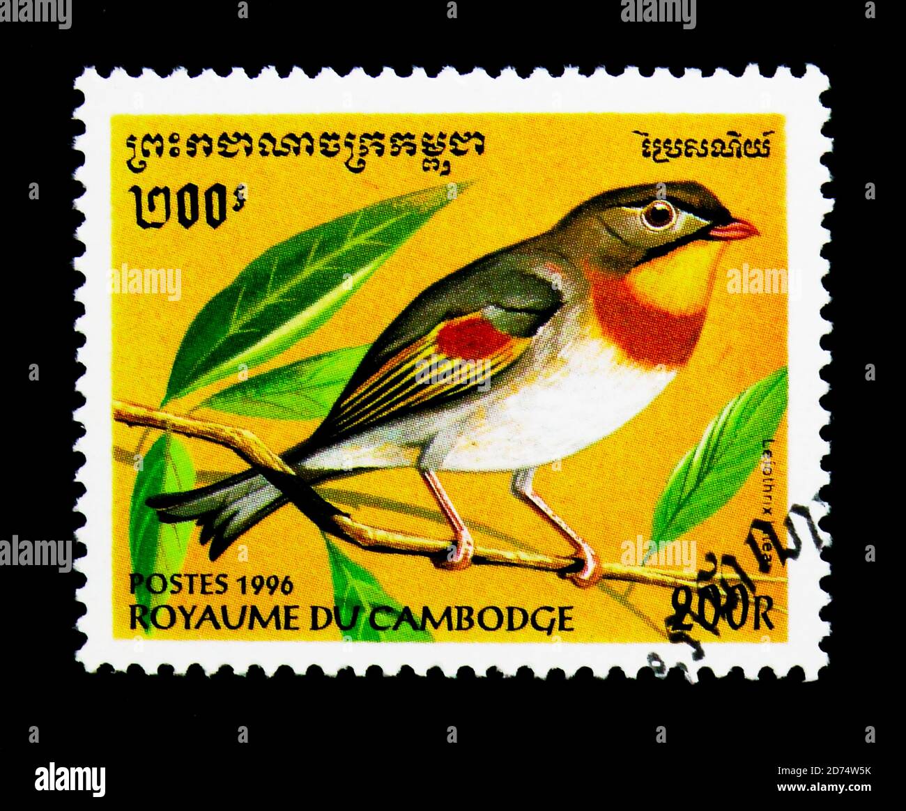 MOSCOU, RUSSIE - 24 NOVEMBRE 2017 : un timbre imprimé au Cambodge montre Leiothrix à bec rouge (Leiothrix lutea), série d'oiseaux, vers 1996 Banque D'Images