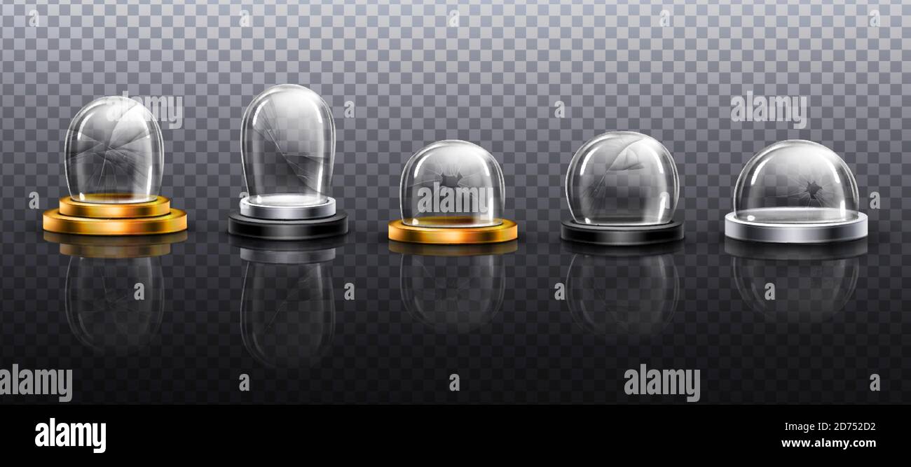 Dômes de verre cassés sur podium en métal, or et argent. Maquette réaliste de vecteur de cloche en acrylique vide transparent avec fissures et fracture. Boules de neige endommagées isolées sur fond transparent Illustration de Vecteur