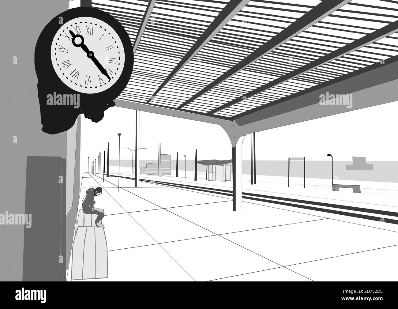L'attente de la gare. Illustration de Vecteur