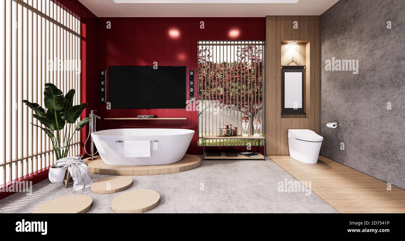 Salle de bain rouge de style zen avec Smart tv au mur Design.rendu 3D Photo  Stock - Alamy