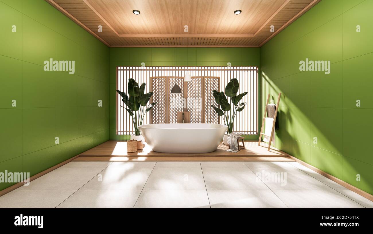 Salle de bains verte style japonais .rendu 3D Banque D'Images