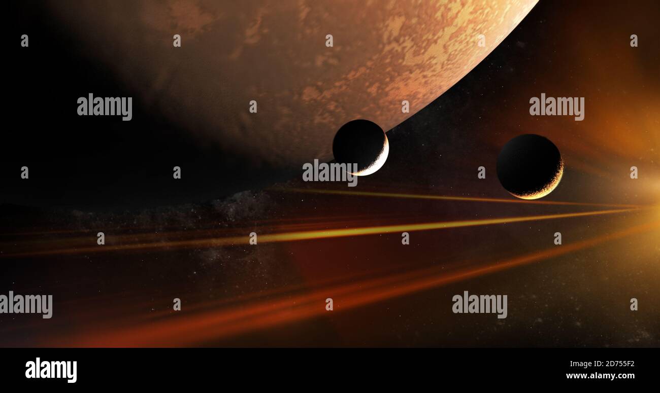 Illustration 3D de sunbeam passant sous la grande planète Mars et deux petites planètes inconnues dans l'espace profond. Histoire de la science-fiction spatiale Banque D'Images