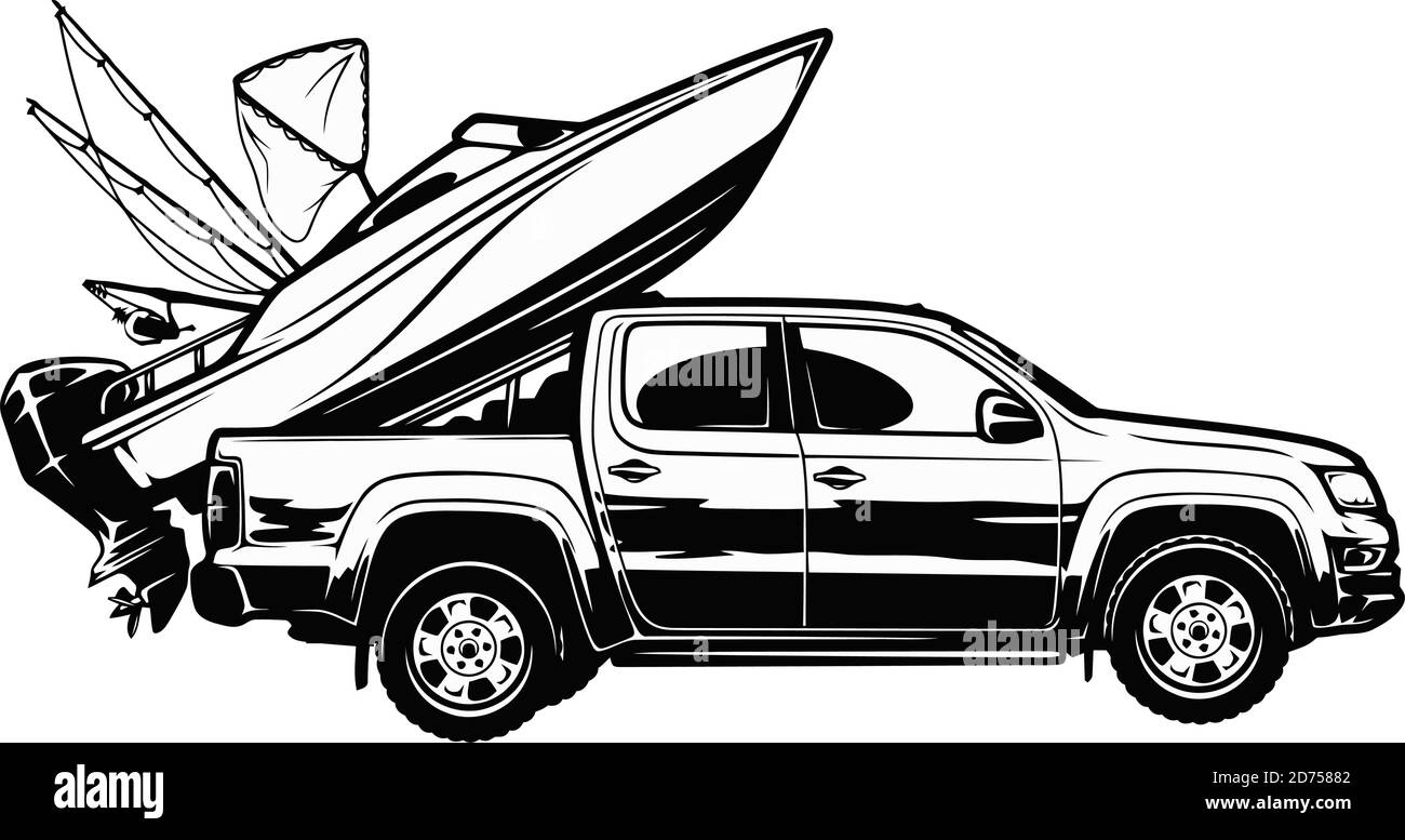 Allez à la pêche - bateau et voiture de sport - modèle pour conception de la pêche Illustration de Vecteur