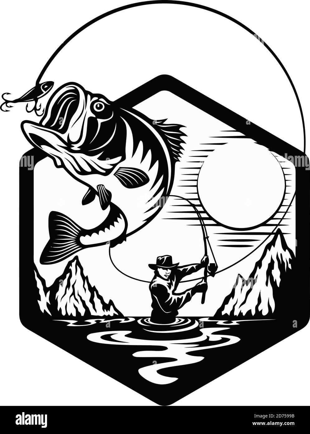 Pêcheur en action. Guy lance une cuillère de tige de mouche dans l'eau et en tient une partie à la main. Illustration de Vecteur