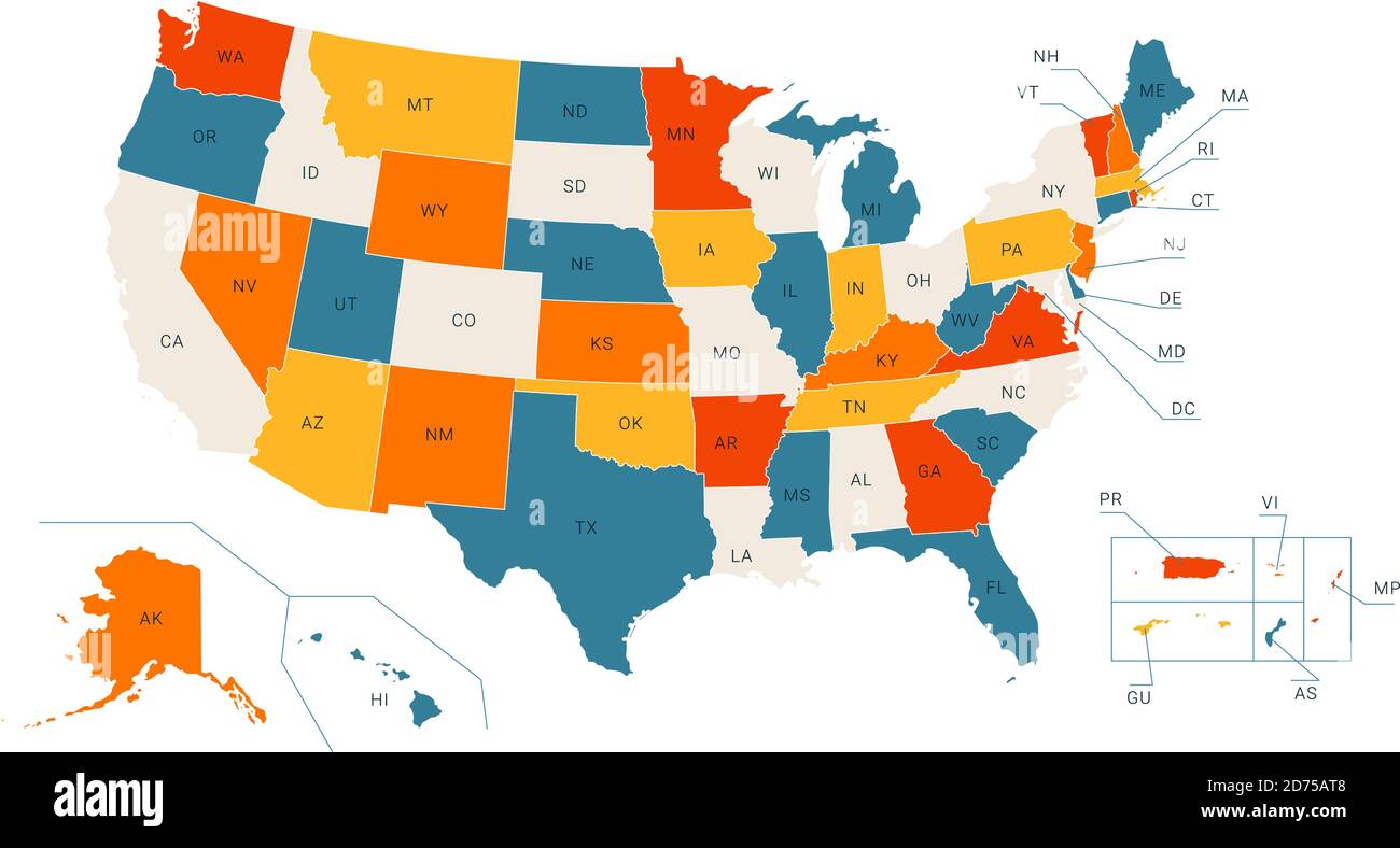 Carte politique américaine colorée avec titres des États. Toutes les régions des États-Unis sont séparées et nommées dans un panneau de couches Illustration de Vecteur