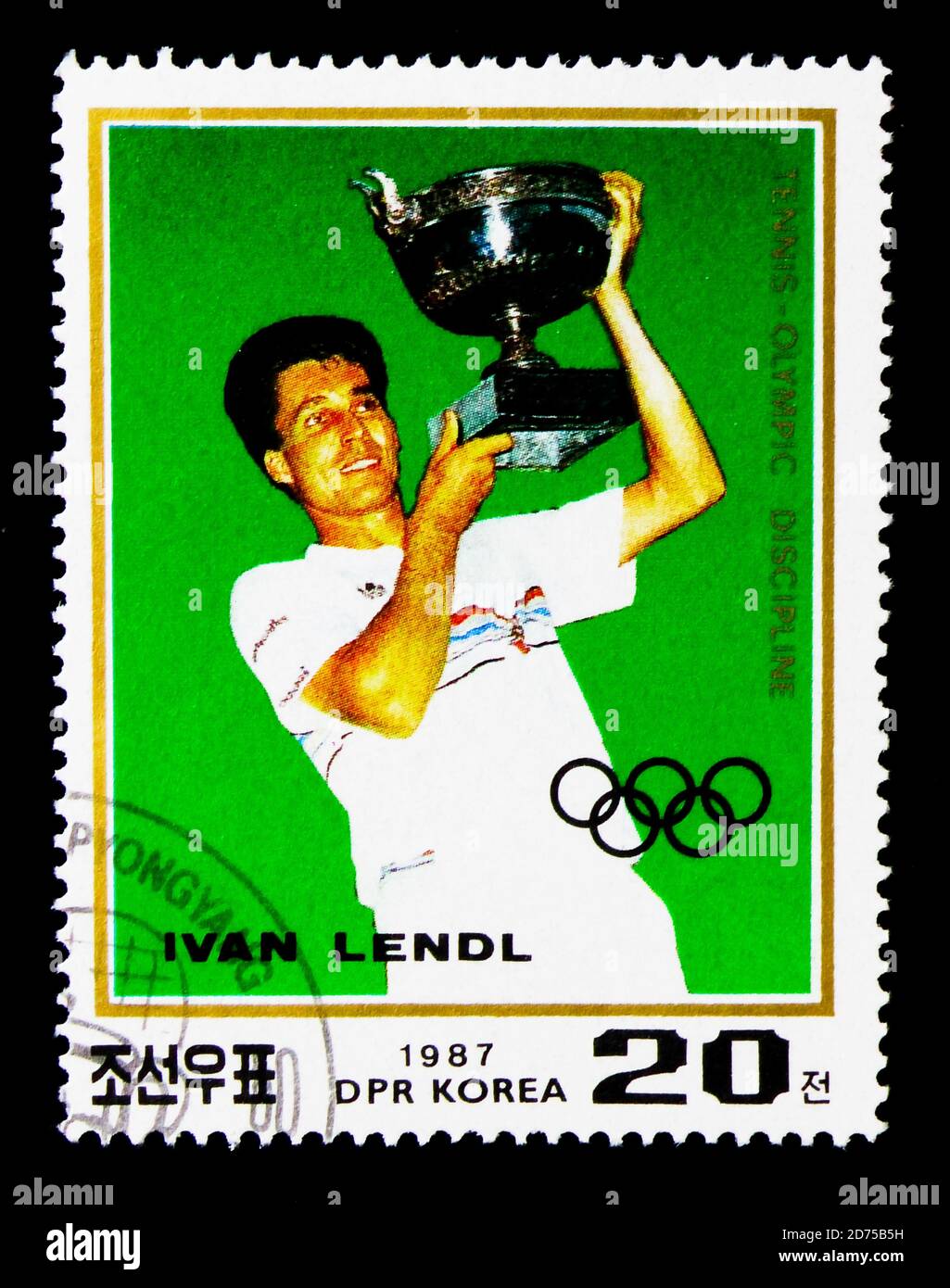 MOSCOU, RUSSIE - 25 NOVEMBRE 2017 : un timbre imprimé en république populaire démocratique de Corée montre Portrait d'Ivan Lendl, série de tennis, vers 1987 Banque D'Images