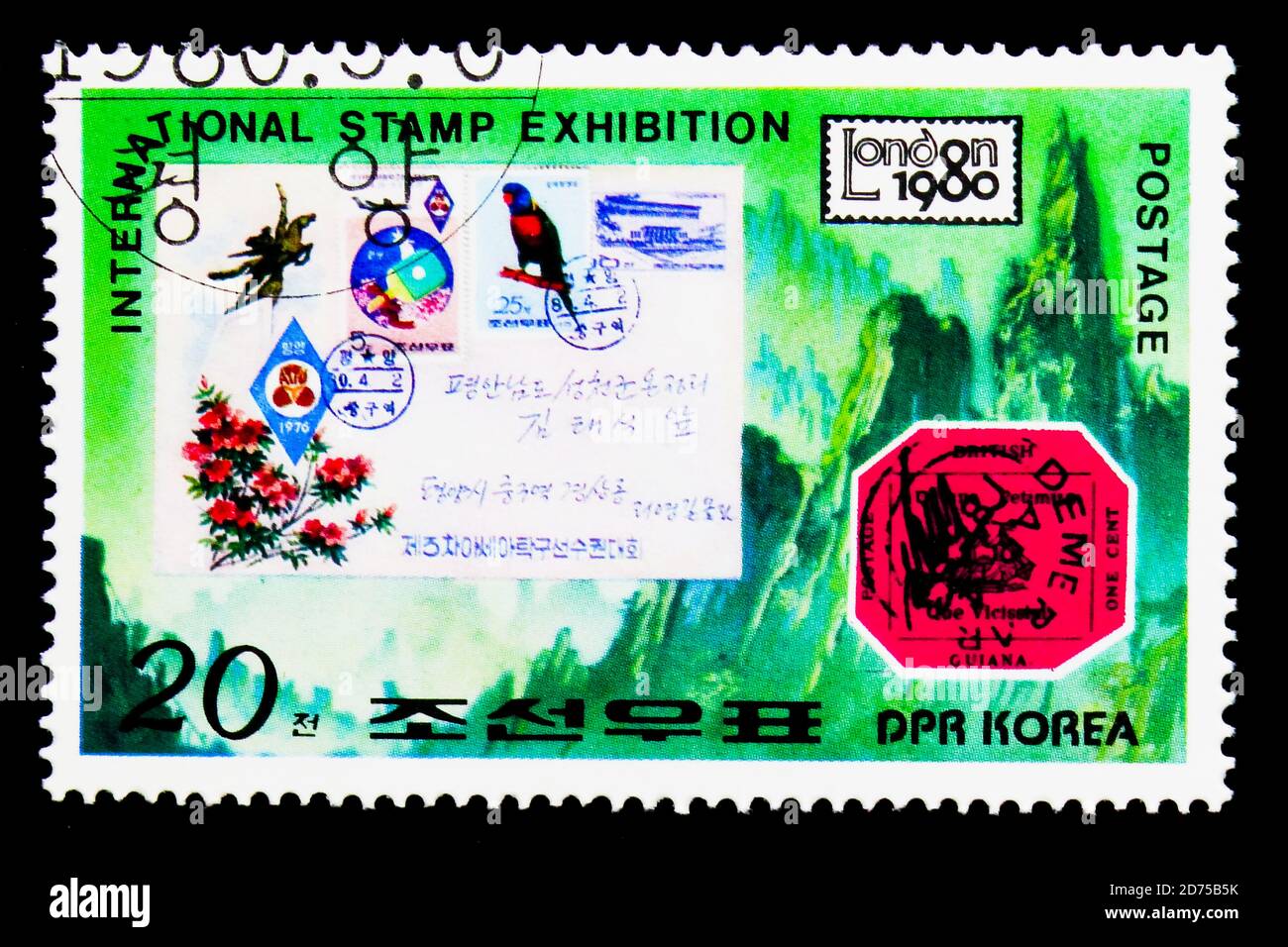 MOSCOU, RUSSIE - 25 NOVEMBRE 2017 : un timbre imprimé en république populaire démocratique de Corée montre la Guyane britannique un cent de couverture magenta et coréenne, I Banque D'Images
