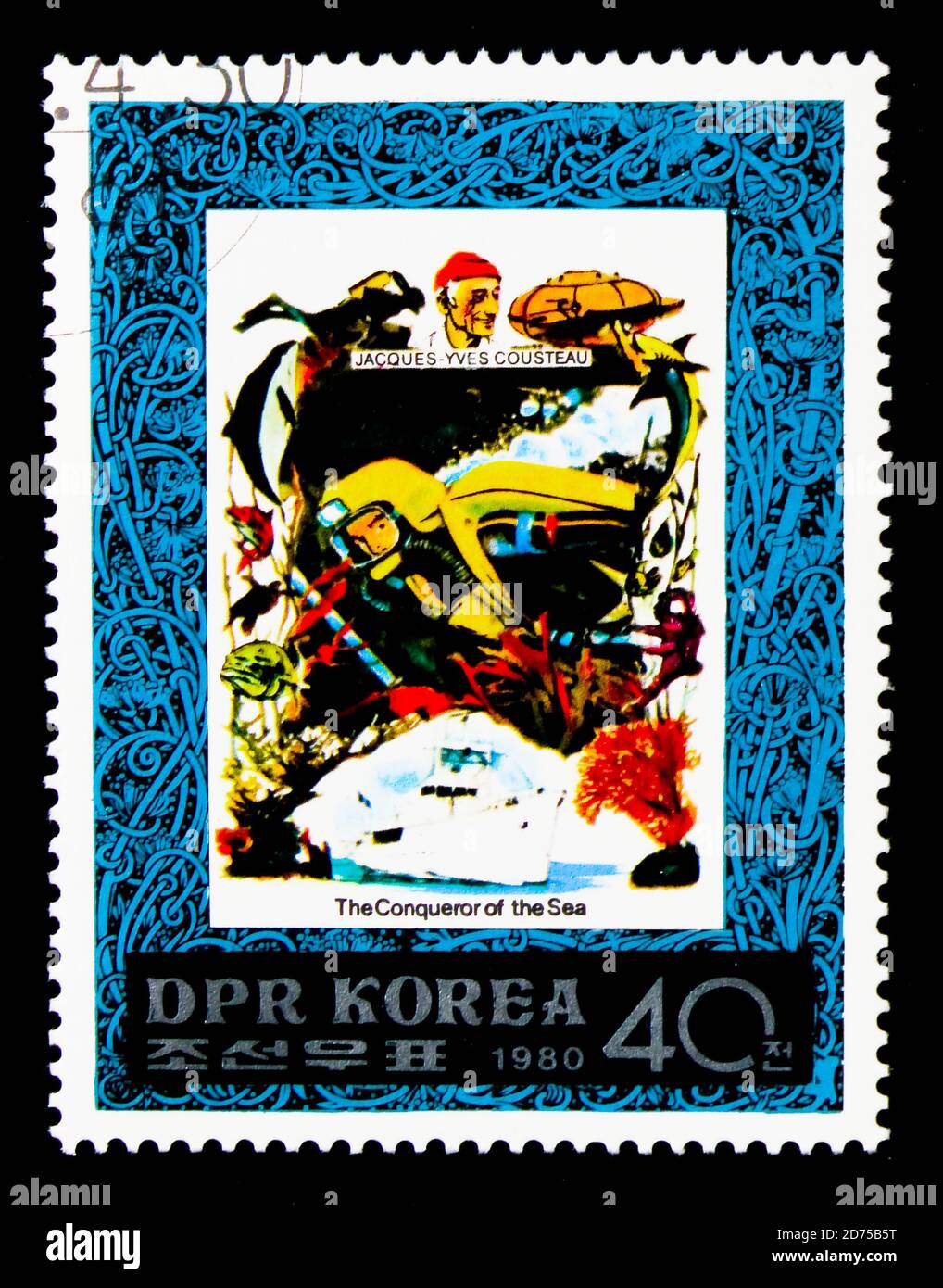 MOSCOU, RUSSIE - 25 NOVEMBRE 2017 : un timbre imprimé en république populaire démocratique de Corée montre le portrait de Jacques-Yves Cousteau, conquérants de TH Banque D'Images
