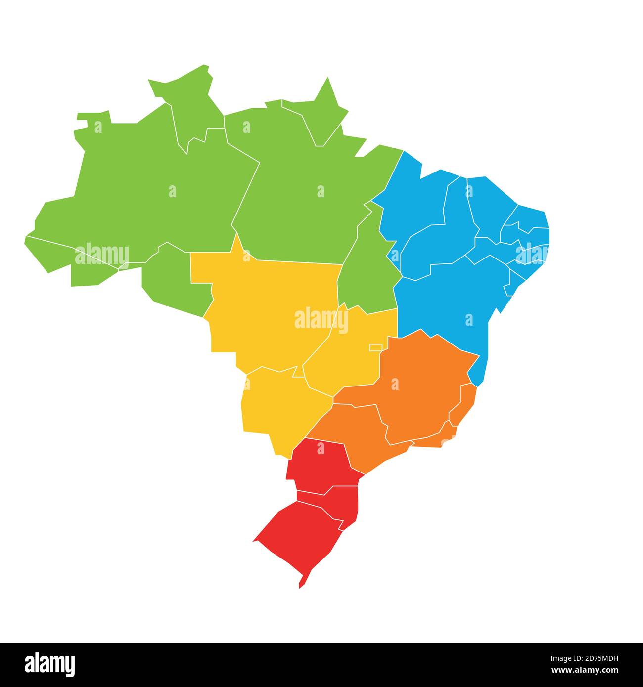 Carte politique vierge et colorée du Brésil. Les États divisent par couleur en 5 régions . Carte vectorielle plate simple. Illustration de Vecteur