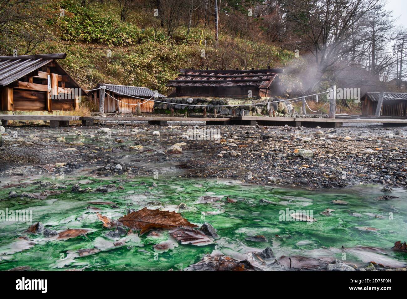 Les sources chaudes au Japon sortent du sol. L'eau est verte à partir du soufre et l'air est vapeur. Banque D'Images