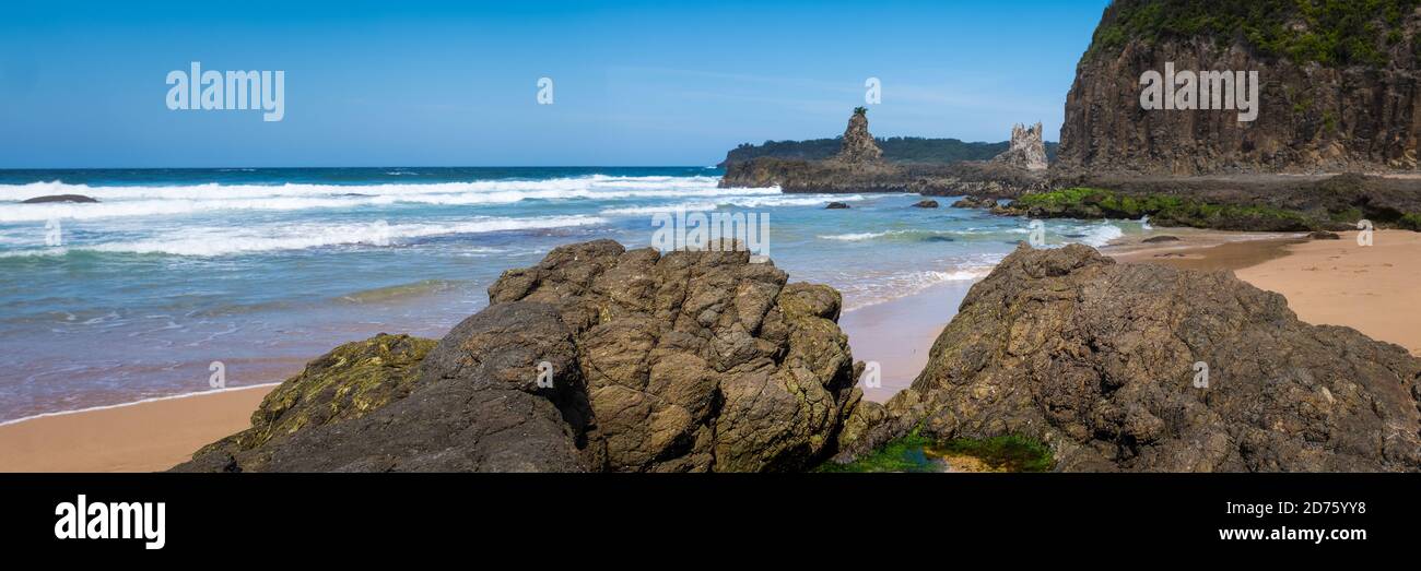 Vue panoramique sur la plage de Jones jusqu'à Cathedral Rocks, partie de la promenade côtière de Kiama, Jones Beach, Kiama Heights, Nouvelle-Galles du Sud, Australie Banque D'Images