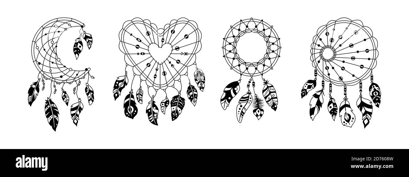 Boho dreamcatcher avec plumes glyphe noir ensemble. Design ethnique, chic boho. Silhouette d'oiseau plumes, talisman doux rêve dessiné à la main. Conception indienne amérindienne. Vecteur bohème ethnique Illustration de Vecteur