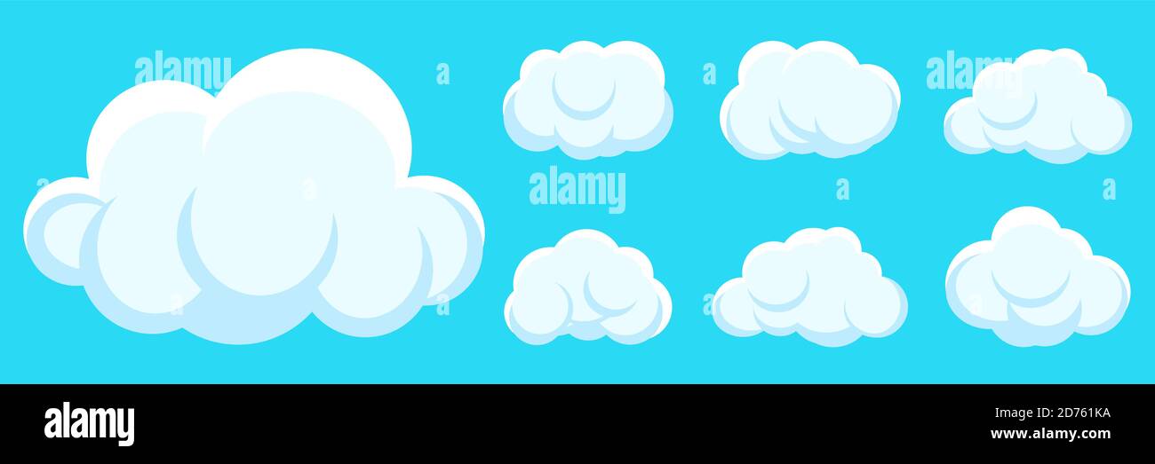 Dessin animé nuages blancs sur fond bleu ciel. Symbole météo, icône de nuage de forme différente pour le texte. Bulle d'air, modèle d'autocollant amusant. Panneau de service Web nuageux. Illustration vectorielle isolée Illustration de Vecteur