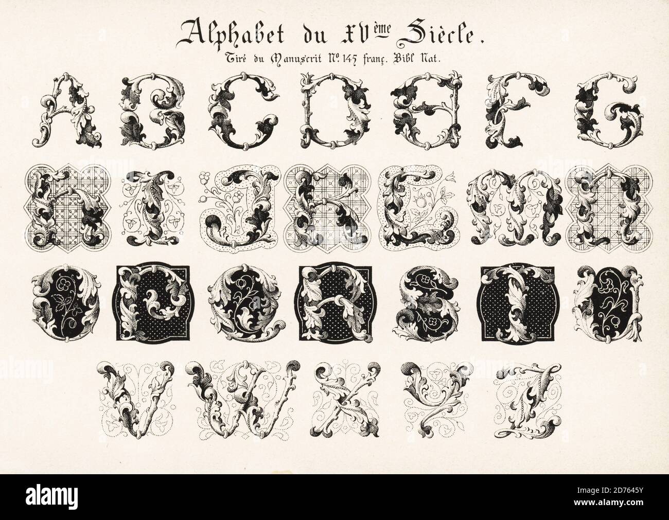 Alphabet de lettres initiales dans le feuillage d'un manuscrit français du XVe siècle. Alphabet du XVeme Siecle tire du manuct No. 145 Franc. BIBL. NAT. Chromolithographie conçue et lithographiée par Ernst Guillot de son ornement des manuscrits au Moyen-Age (ornement des manuscrits du Moyen-âge), Paris, 1897. Banque D'Images